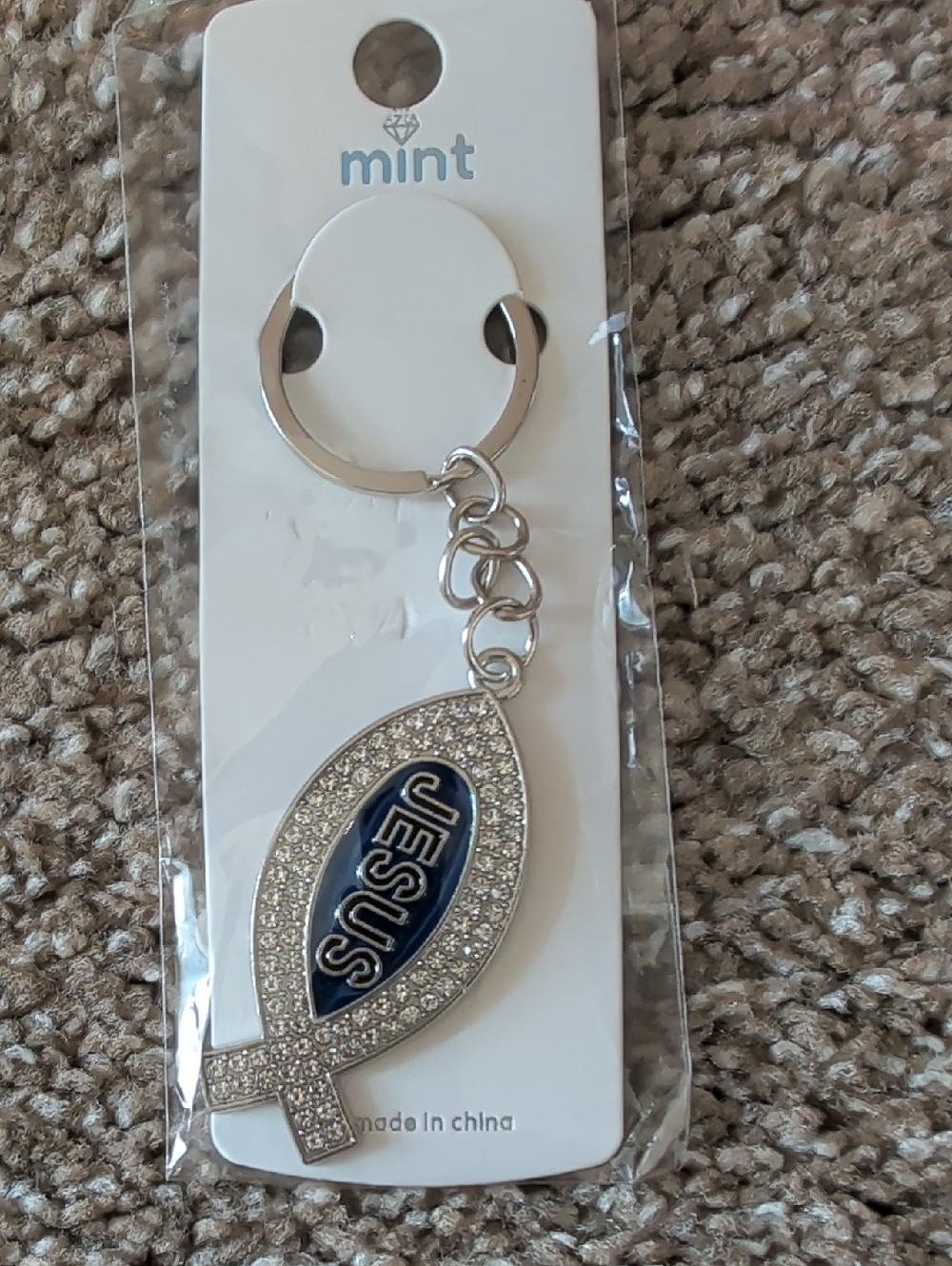 Mint Silver Tone Rhinestone Jesus Fish Keychain with Navy Enamel
